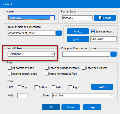 Edit Band dialog box where the Group Header is linked to the Detail Band using the Link with Band option.